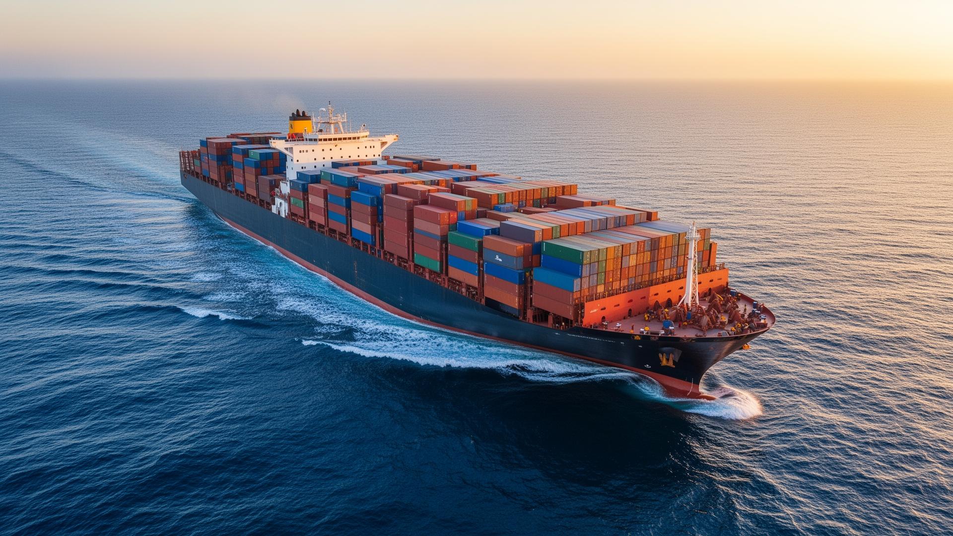 Navio cargueiro internacional carregado de containers em alto-mar